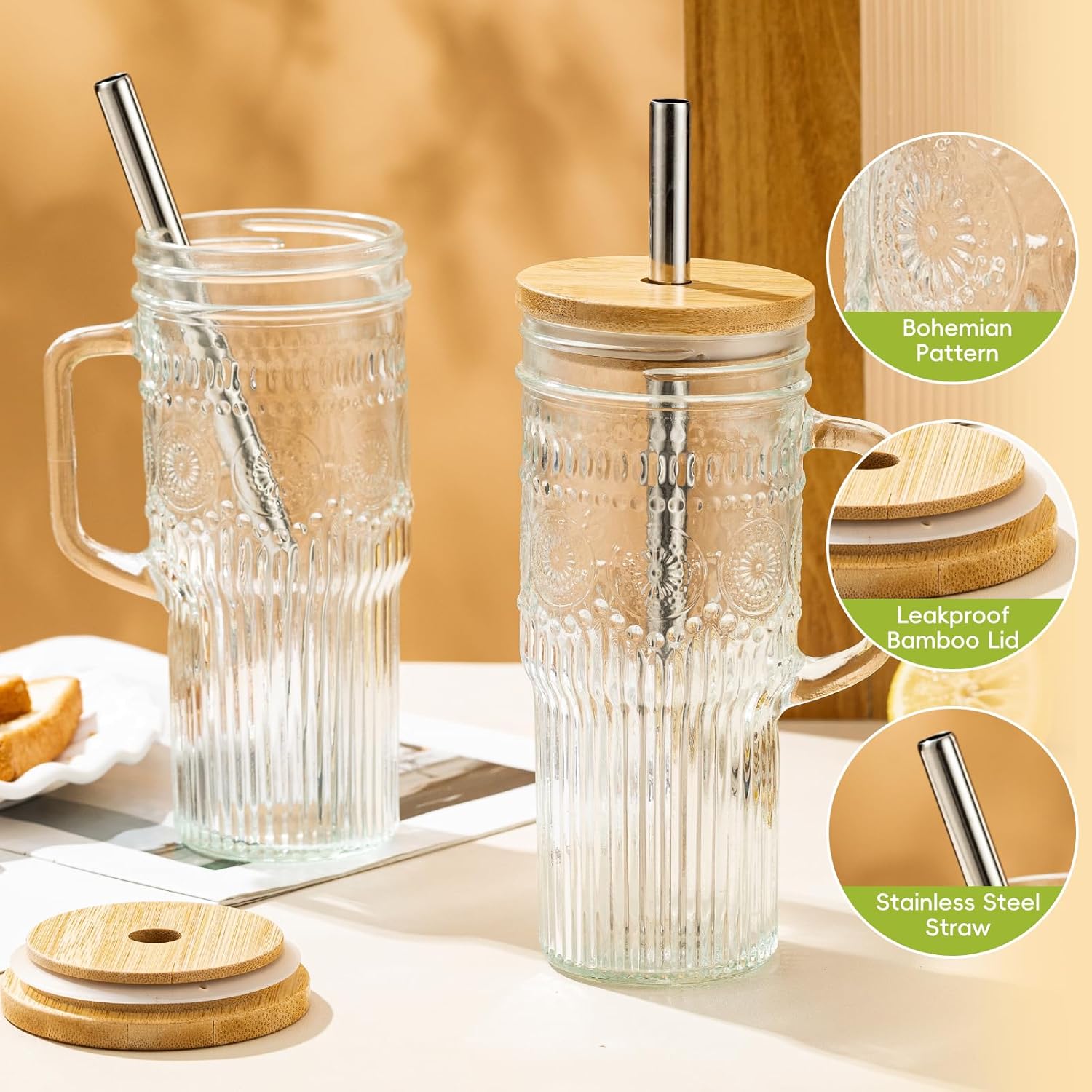 24 oz Boho Glass Tumblers with Bamboo Lids, Set of 2