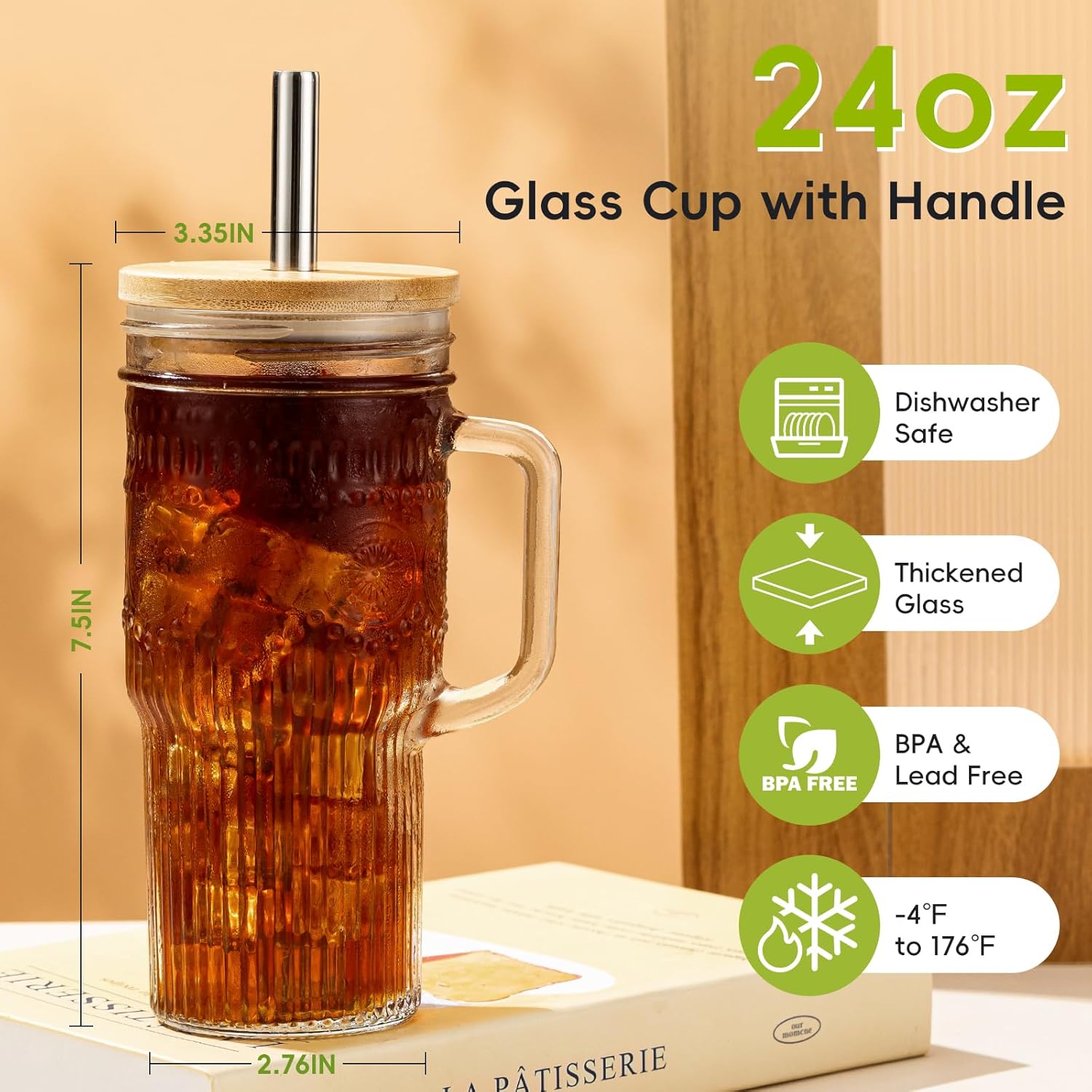 24 oz Boho Glass Tumblers with Bamboo Lids, Set of 2