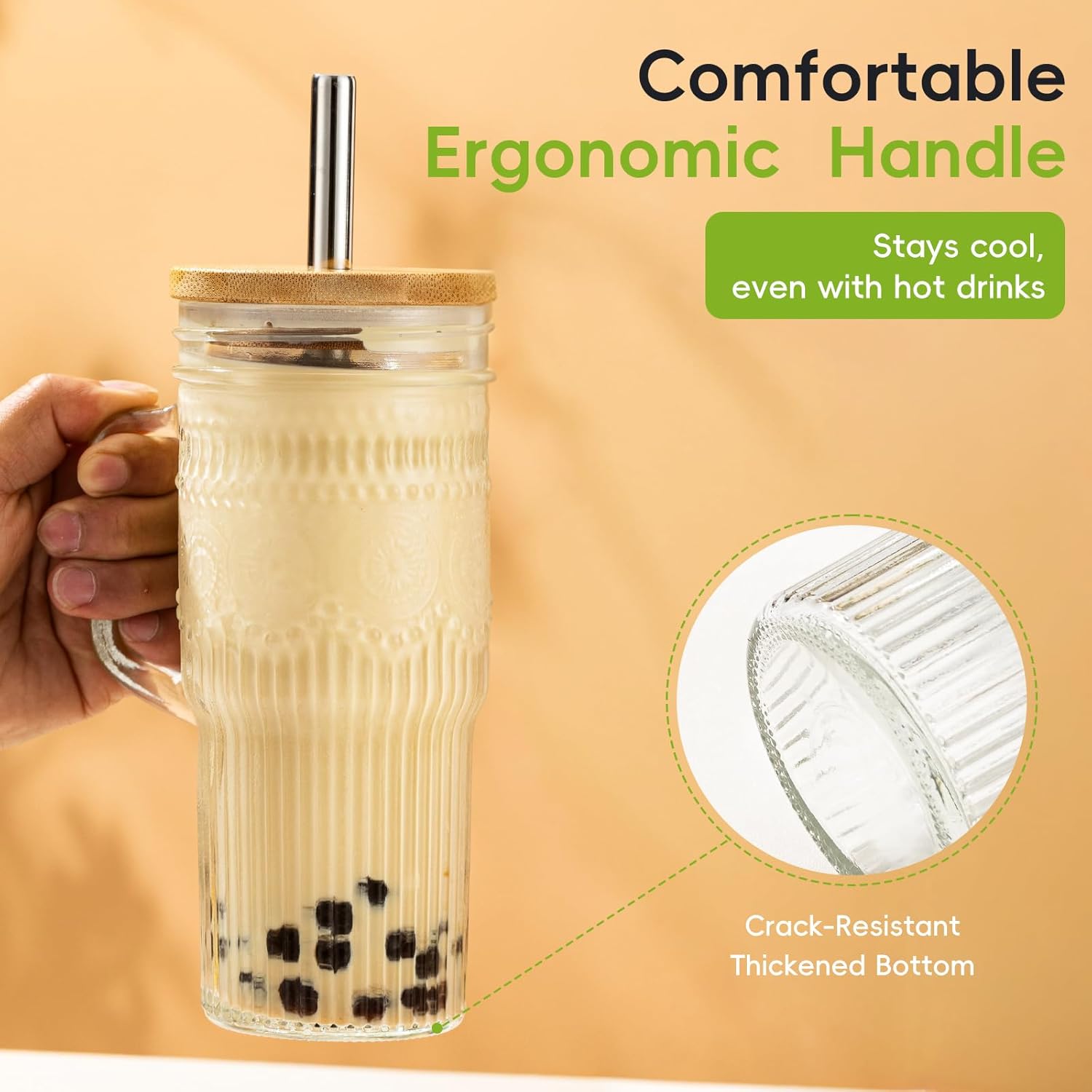 24 oz Boho Glass Tumblers with Bamboo Lids, Set of 2