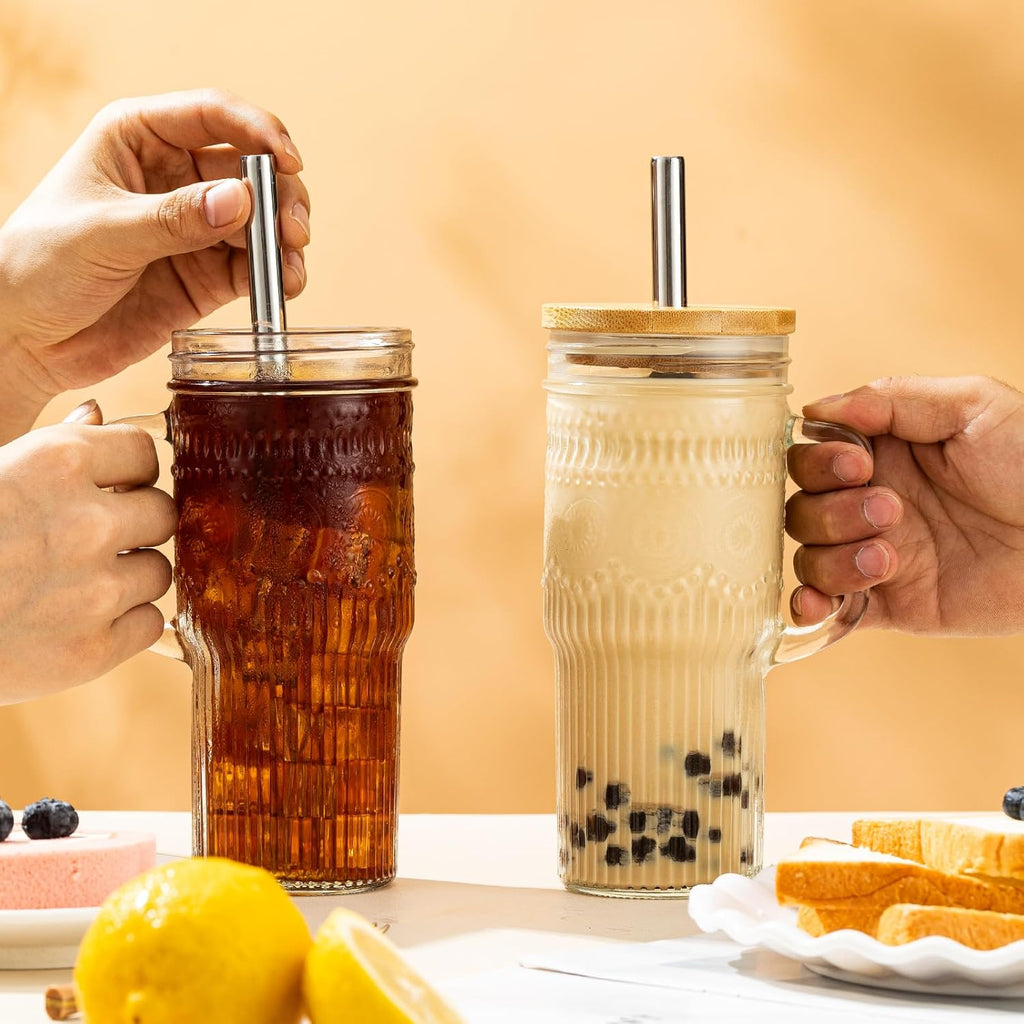 24 oz Boho Glass Tumblers with Bamboo Lids, Set of 2
