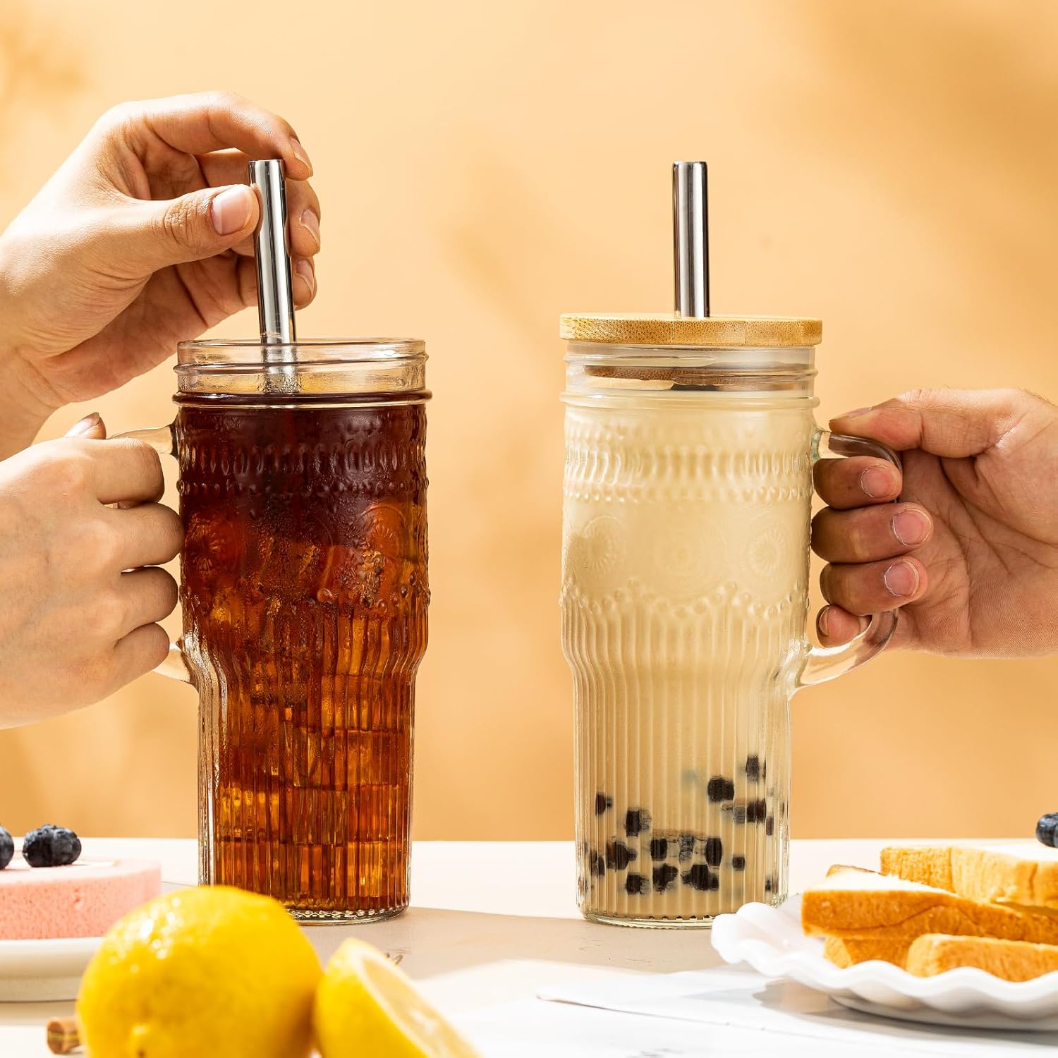 24 oz Boho Glass Tumblers with Bamboo Lids, Set of 2
