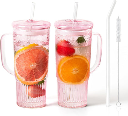 24 oz Pink Glass Tumbler with Lid & Straw
