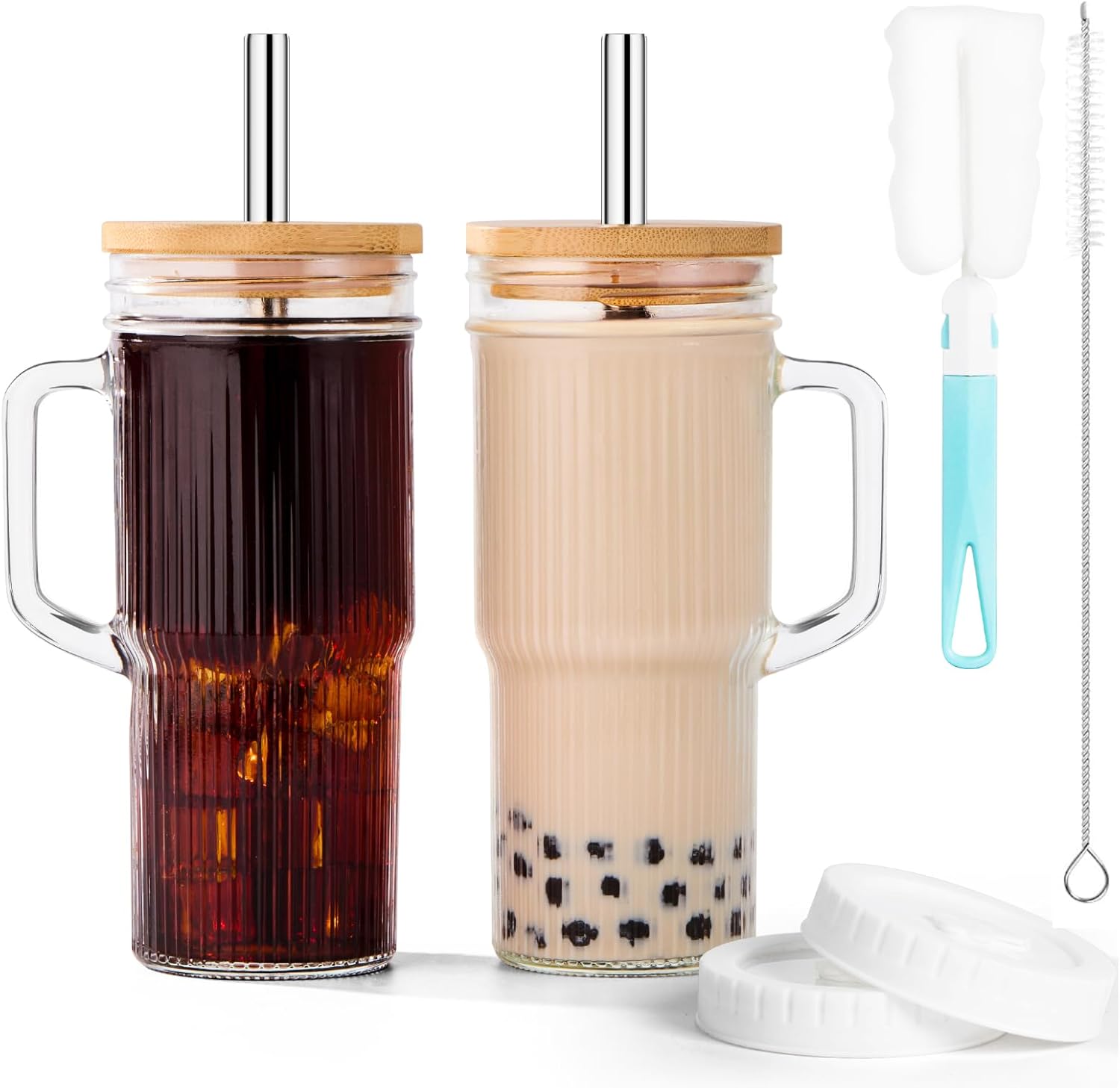 24 oz Boho Glass Tumblers with Bamboo Lids, Set of 2