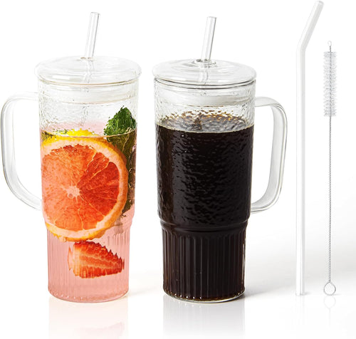 24 oz Pink Glass Tumbler with Lid & Straw