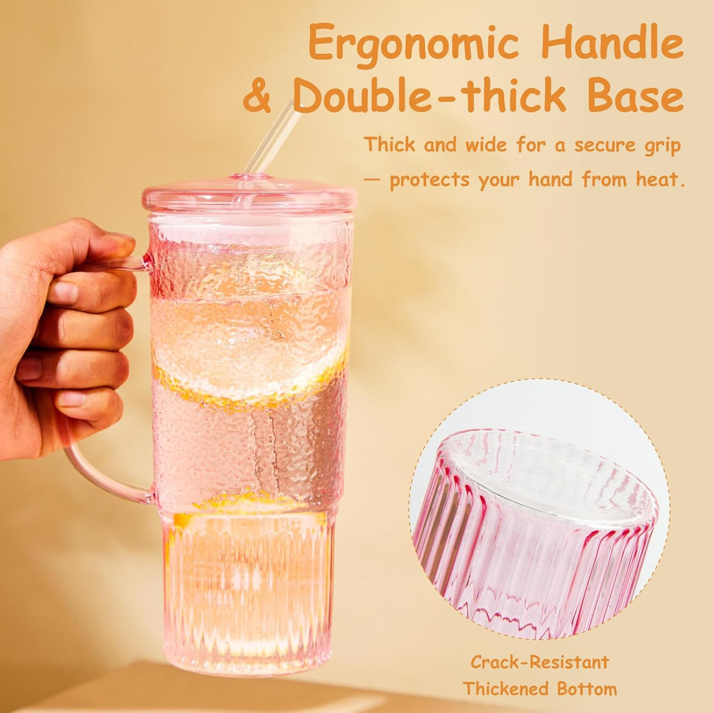 24 oz Pink Glass Tumbler with Lid & Straw