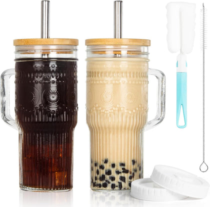 24 oz Boho Glass Tumblers with Bamboo Lids, Set of 2