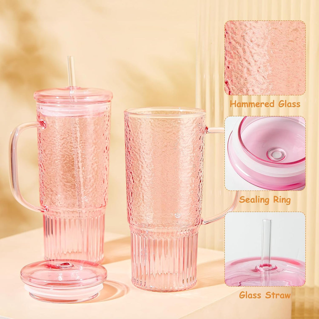 24 oz Pink Glass Tumbler with Lid & Straw