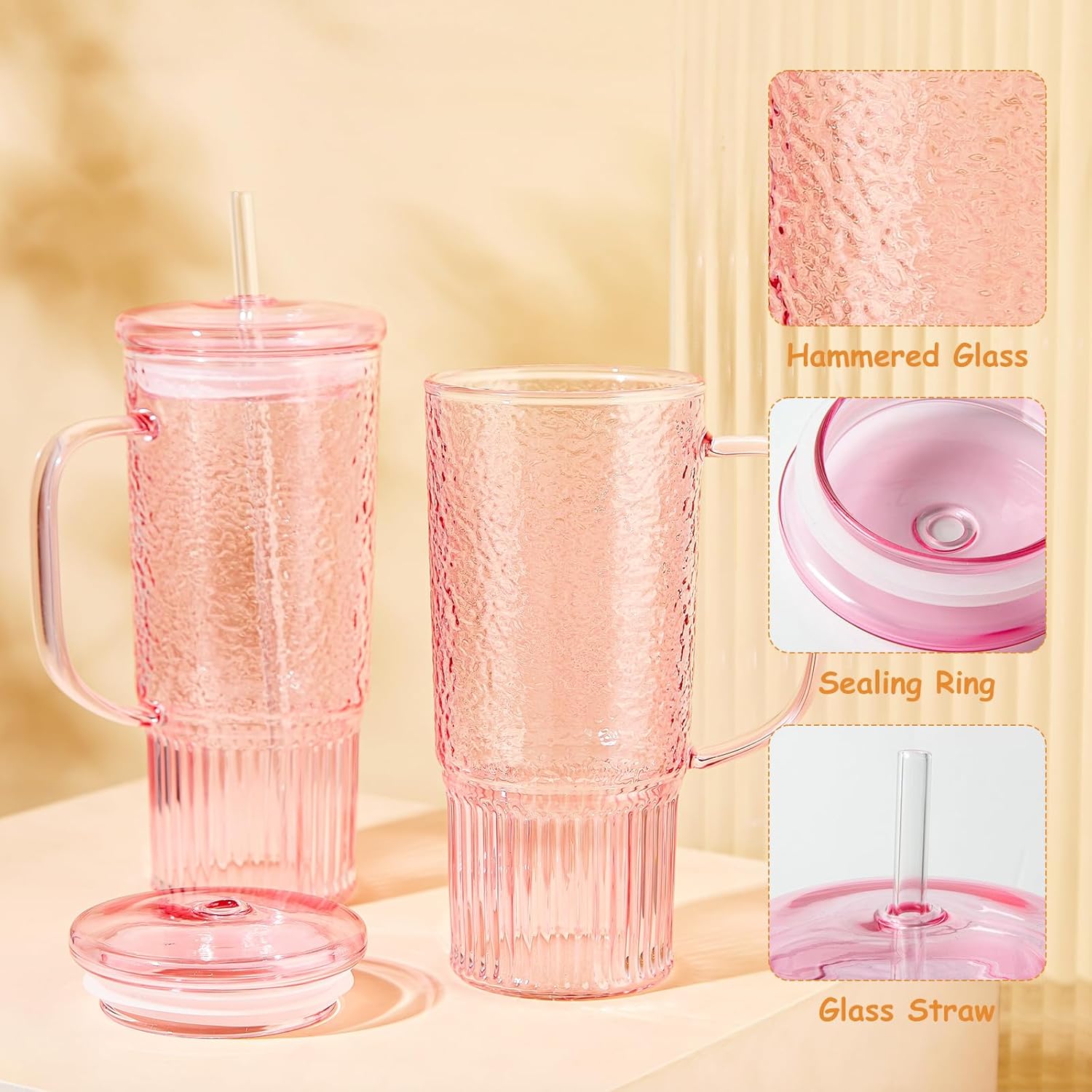 24 oz Pink Glass Tumbler with Lid & Straw