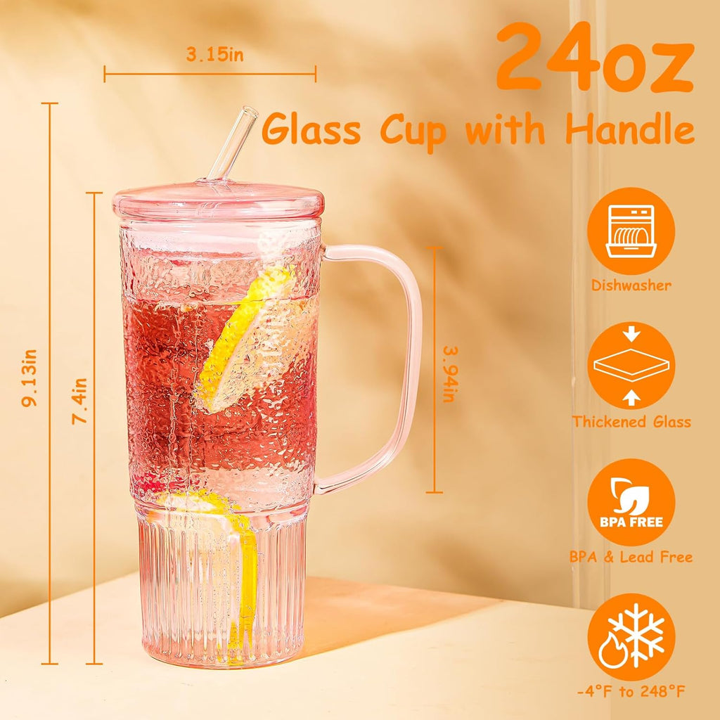 24 oz Pink Glass Tumbler with Lid & Straw