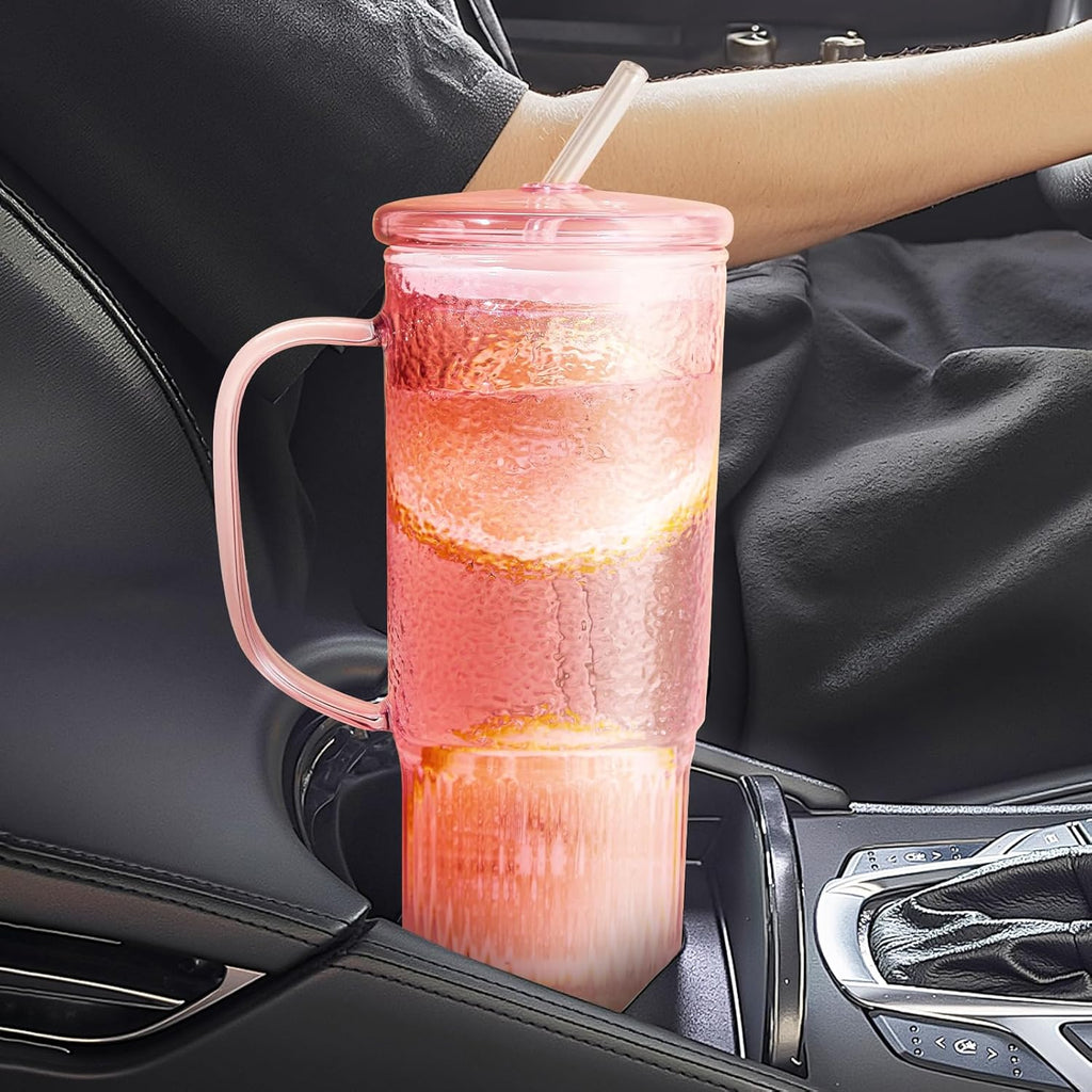 24 oz Pink Glass Tumbler with Lid & Straw