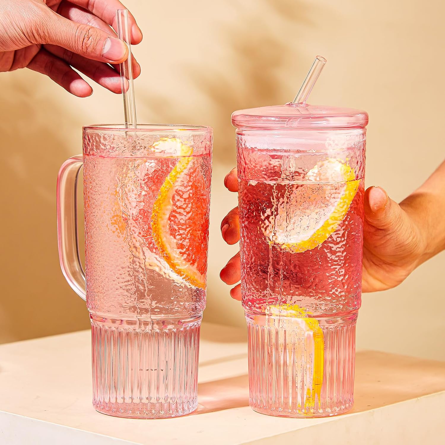 24 oz Pink Glass Tumbler with Lid & Straw