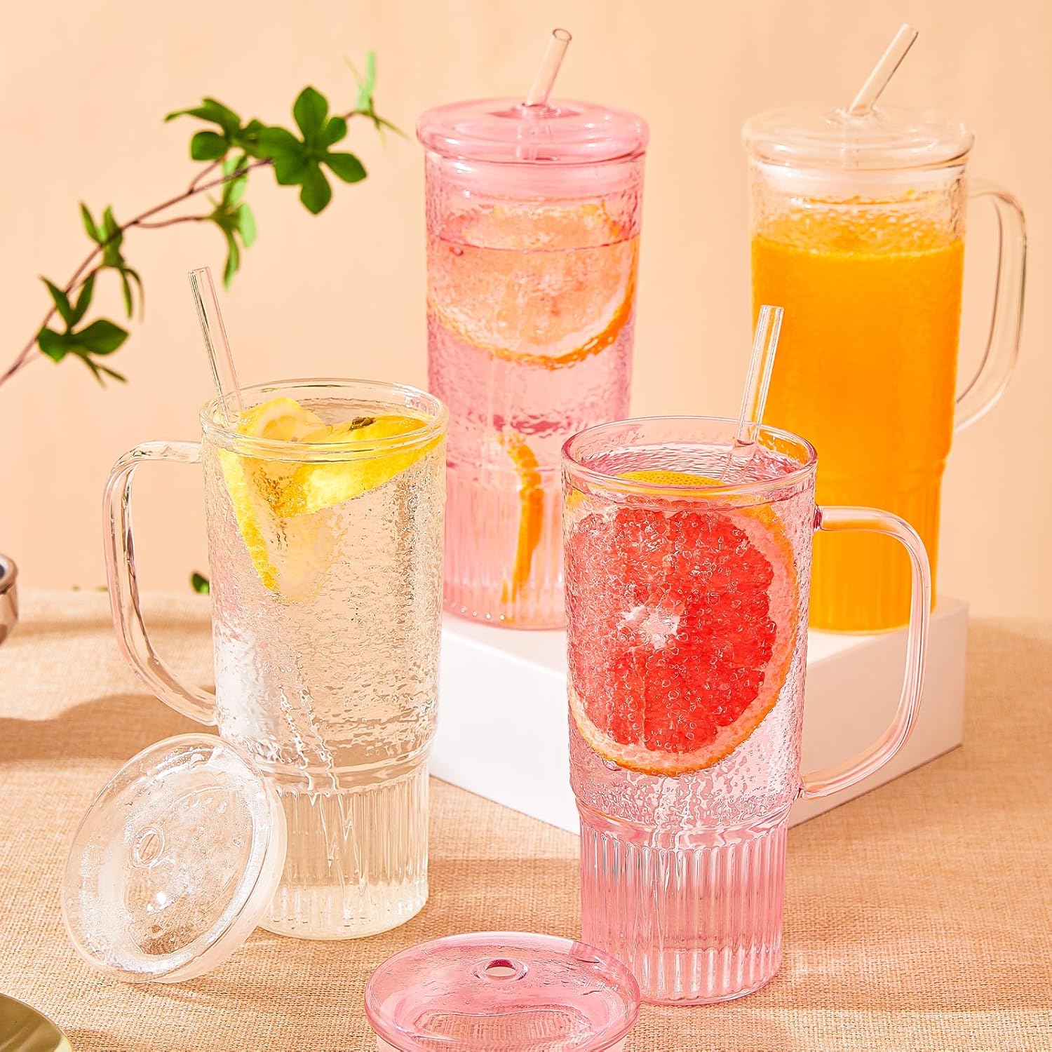 24 oz Pink Glass Tumbler with Lid & Straw
