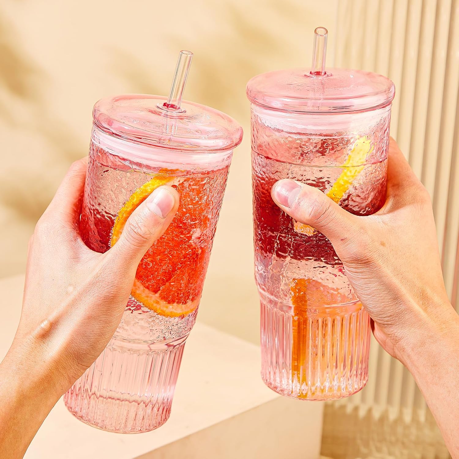 24 oz Pink Glass Tumbler with Lid & Straw