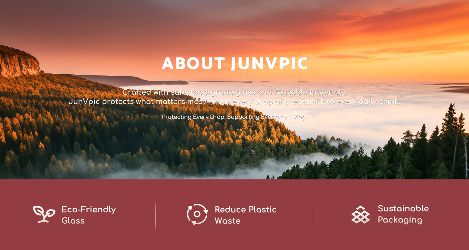 Junvpic product philosophy: eco-friendly glass, reduced plastic waste, and sustainable packaging