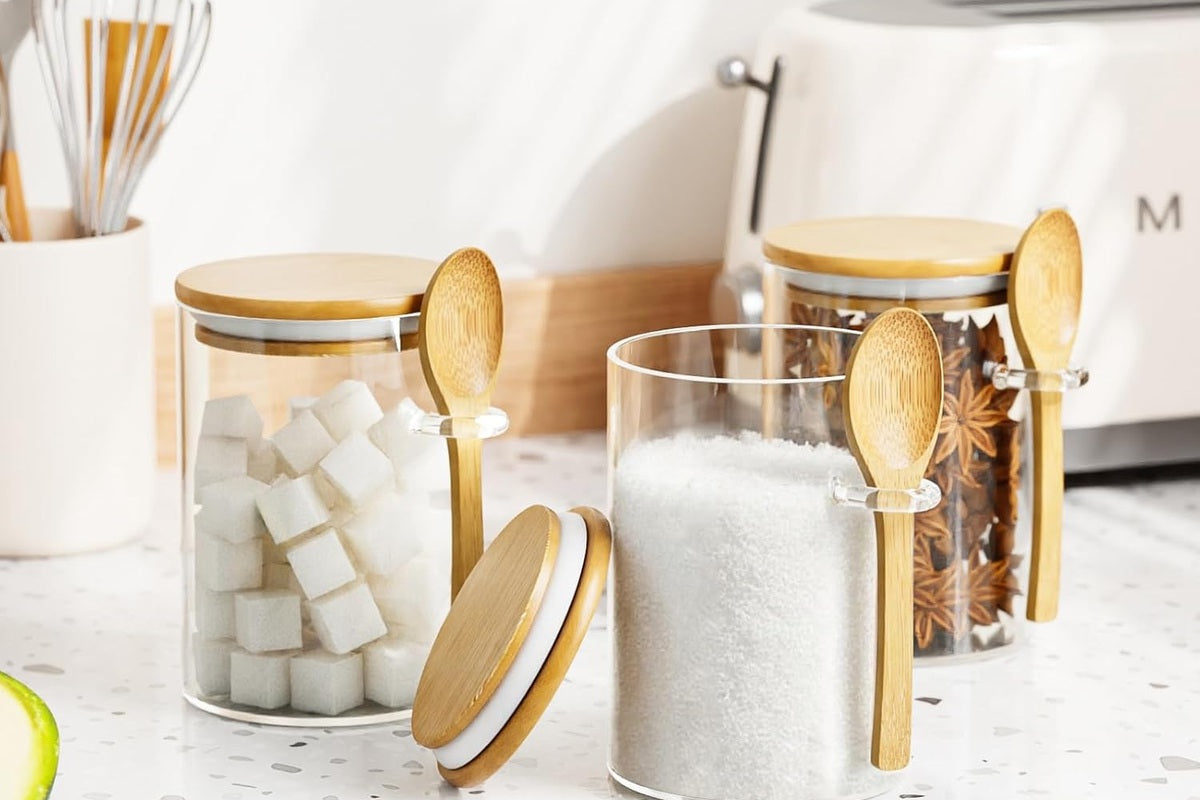 Clear glass food storage jars with bamboo lids